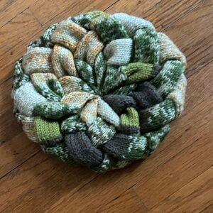 Handmade Knitted Beret in Green yellow and Cream